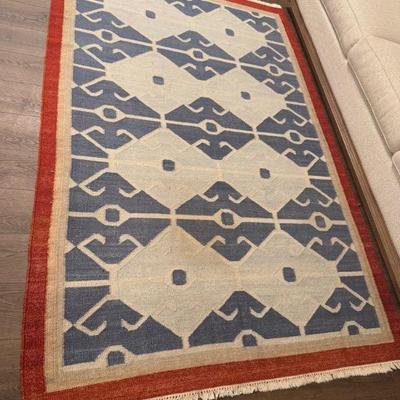 Handwoven Wool Rug – Geometric Blue & Rust Red Border, Fringe Edge	