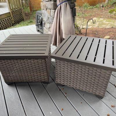 Outdoor Wicker Side Table Set – 2-Piece Patio Tables w/ Slatted Tops	