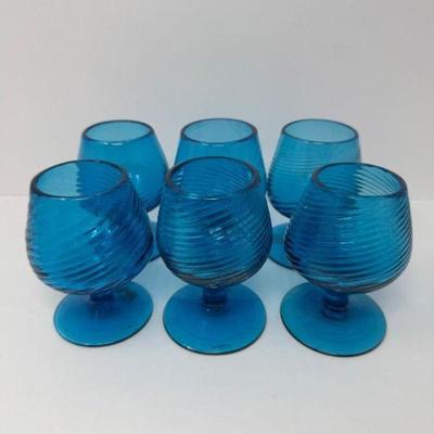Blue Swirl Blown Glass Brandy Glasses, Set of 6	