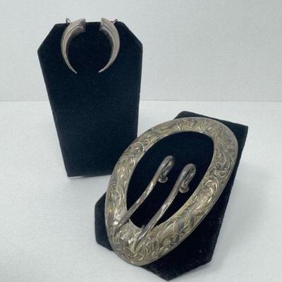 Sterling Screw Back Earrings + Vintage Floral Buckle Brooch (37.03 g)	