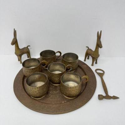 Indian Brass Tea Set w/ Tray, Figurines & Nutcracker/Bottle Opener	