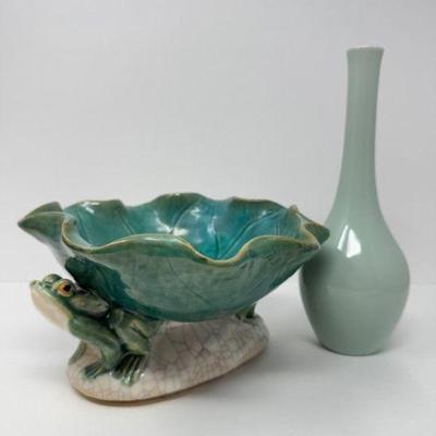 Gump’s Japan Celadon Bud Vase & Majolica Frog Bowl	