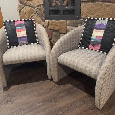 Vintage 80s/90s Grey Club Chairs w/ Geometric Woven Pattern (Pair)	