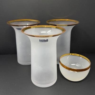 3 Vintage Bohemia Crystalex Frosted Glass Vases + Matching Bowl	