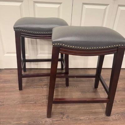 Pair of Pier 1 Grey Faux Leather Saddle Bar Stool w/ Nailhead Trim #3	