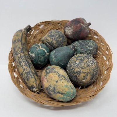 Chalkware Fruit Basket in Woven Tray – Rustic Farmhouse Decor	