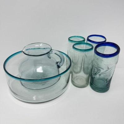 Handblown Mexican Glassware Set – Crimped Glasses, Pitcher & Bowl	