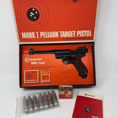 Vintage Crosman Mark I .22 Cal CO2 Pellet Pistol, Boxed w/ Accessories	