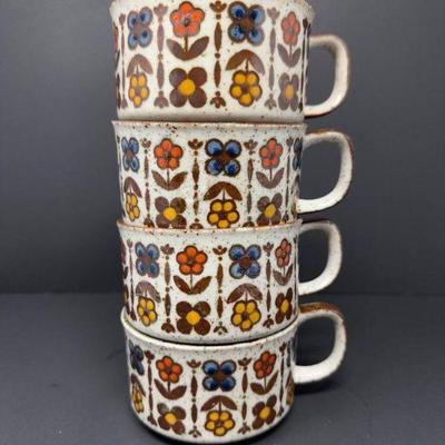 Vintage Large Stoneware Mugs – 70s/80s Style, Retro Floral Design (4)	