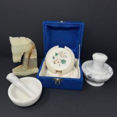 Unique Stone Accents: Tea Coaster, Bookend, 2 Mortar & Pestles	