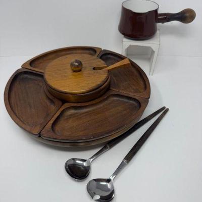 Wooden Lazy Susan, Dansk Butter Warmer & Stainless Serving Utensils	