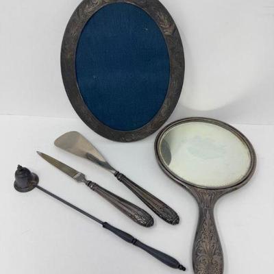 Sterling Silver Vanity Set: Ornate Mirror, Picture Frame & Accessories	