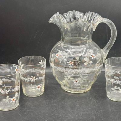 Beautiful Hand Blown & Painted Pitcher & (4) Cups
