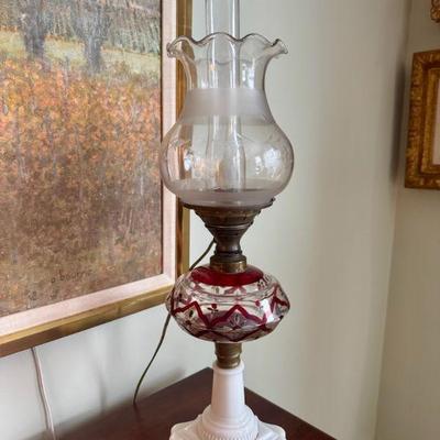Painted Lamp With Milk Glass Base
