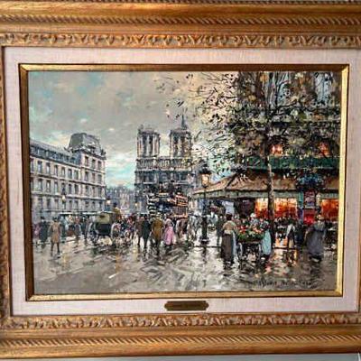 Original Notre Dame Canvas Painting by Antoine Blanchard with Authentication
