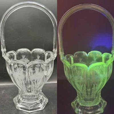 Antique Heisey Etched Glass Basket-UV Reactive
