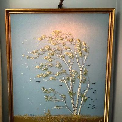 “Birch in the Wind” Crewel Handmade Artwork, Paragon Needlecraft, c.1980 Signed BE
