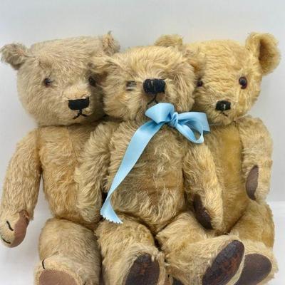 (3) Vintage Jointed Teddy Bears With Blue Ribbons
