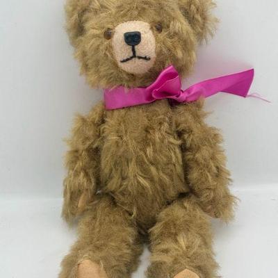 Vintage Jointed Teddy Bear With Pink Ribbon
