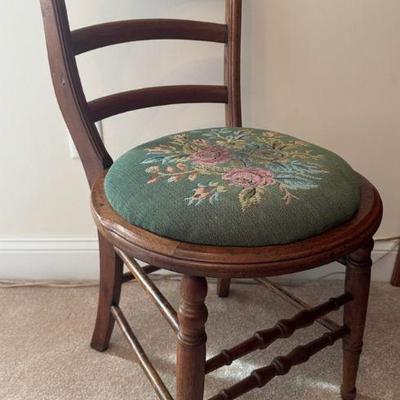 Antique Ladder Back Chair with Embroidered Seat
