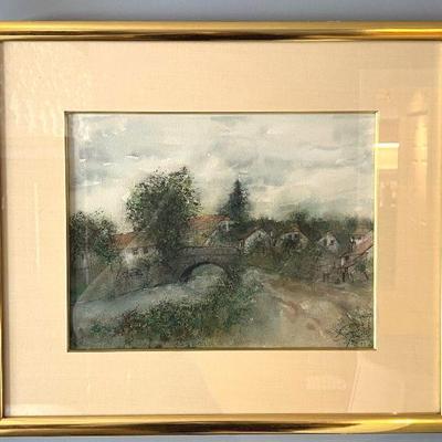 Authenticated Original 1993 Watercolor Painting “Le Peuplier Près du Pont” by Bernard Gantner
