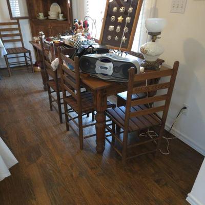 Farmhouse Dining Table; 5 Slat Chairs and Bench