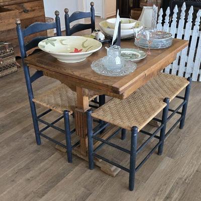 Small Antique Dining Table with Sliding Extensions; Wicker Chairs and Bench