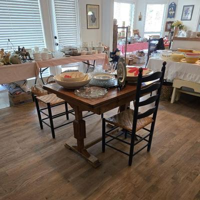 Small Antique Dining Table with Sliding Extensions; Wicker Chairs and Bench
