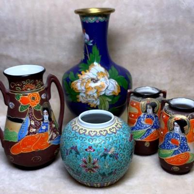 Japanese porcelain moriage vases cloisonne & ginger jar