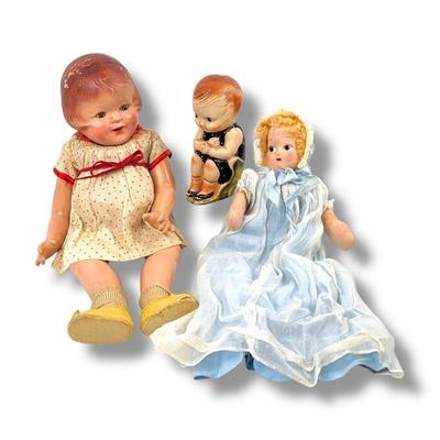 #100 • 3 Vintage Dolls - Patsy Ann, Sweet Kid, Paper Mache Baby
