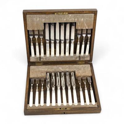 #122 • Antique 24 PC Mother of Pearl Handled Stainless Steel Flatware with Sterling Silver Band

