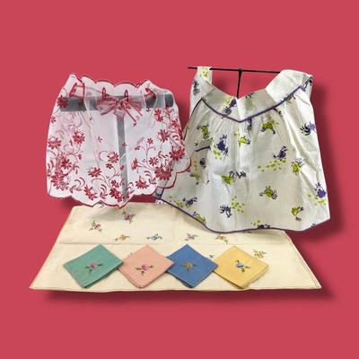 #117 • 2 Vintage Aprons & Linen Embroidered Napkins/Tablecloth Set

