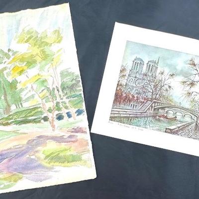 #138 • Unframed Vintage Watercolor and 1972 Notre Dame Print
