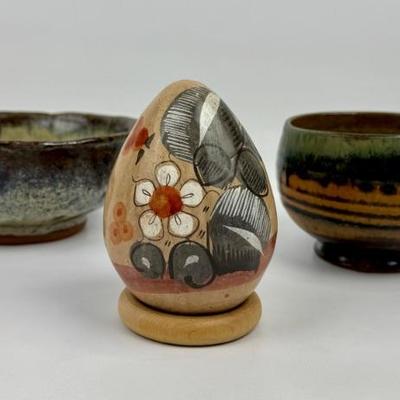 #123 • Mexican Folk Art Pottery Egg and Two Art Pottery Bowls
