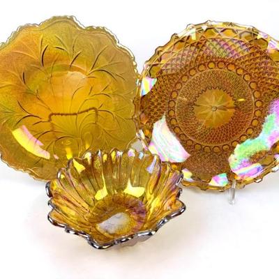 #109 • Three Vintage Iridescent Marigold Carnival Glass Pieces
