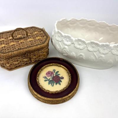 #130 • Three Vintage Pieces - Rose Needlepoint, Wicker Sewing Basket and Porcelain Bowl
