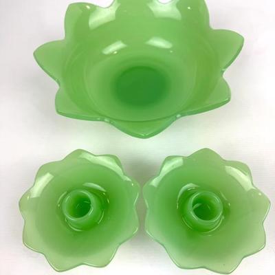 #84 • Fenton Jadeite Lotus Bowl and Matching 3-Legged Candle Holders
