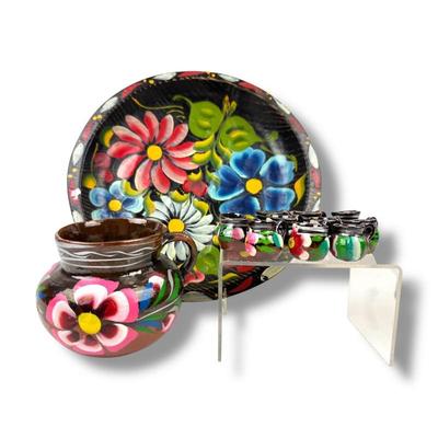 #113 • Mexican Folk Art, Hand Painted Floral Platter & Pottery Jug & Mini Cups
