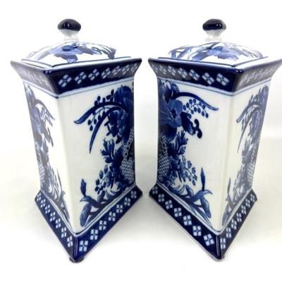 #111 • Two Bombay Blue & White Diamond Shaped Ceramic Ginger Jars
