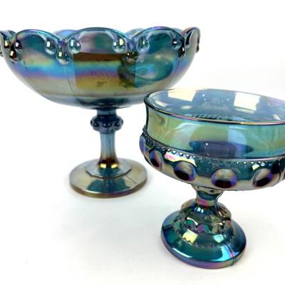 #107 • Two Indiana Glass Blue Iridescent Pedestal Bowls
