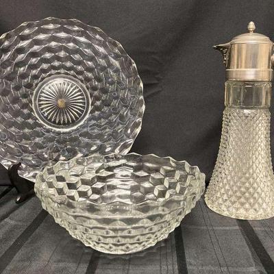 Ct484 vintage glass decanter and fostoria plate and bowl