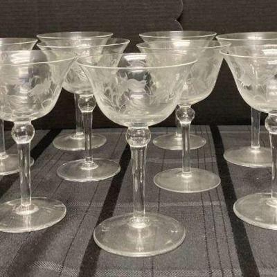 Ct466 vintage lily of the valley etched champagne glasses