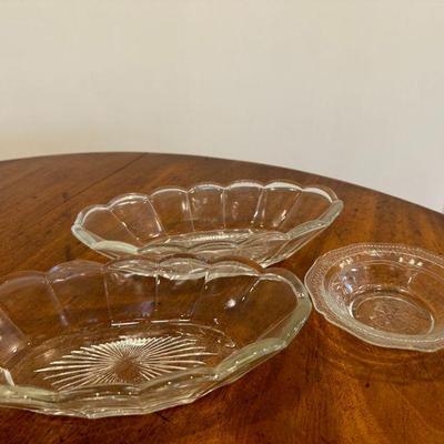 (3pc) Pressed & Depression Glass | Pressed glass serving dishes: h. 5 in. x dia.10 in. Shallow "depression glass" bowl:...