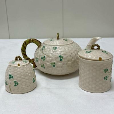 (3pc) Belleeck Shamrock Leaf Teapot | Teapot: dia. 10 in. x h. 5 in. Honey: dia. 3 in. x h. 3 in. Sugar: dia. 3 in. x h. 4.5 in.

