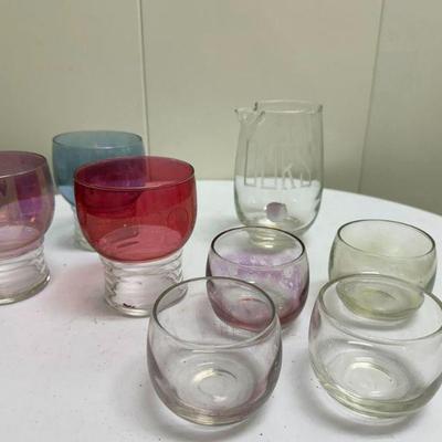 (8pc) Colorful Glass Drinking Set | Colorful glass drinking set including seven cups and a pitcher.