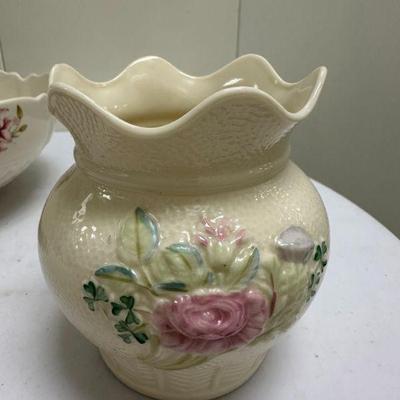 Belleek Ceramics | Belleek floral motif vase and Belleek "Country Trellis" bowl - h. 5 in