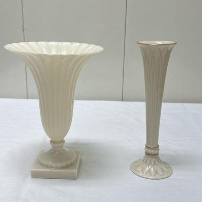 (2pc) Lenox Trumpet & Thin Vase | Wide vase: dia. 6.5 in. x h. 9 in. Skinny vase: dia. 3 in. x h. 10 in.