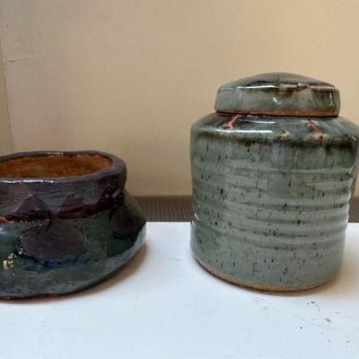 (2pc) Japanese & Other Pottery | Japanese-Inspired glazed lidded jar and handmade wide-mouth vase Jar: h. 7 in. x 6 in. dia. Vase: h....