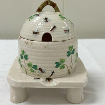 Belleek Honey Pot | Belleek porcelain honey pot (rare find). - h. 6.5 x l. 5 in

