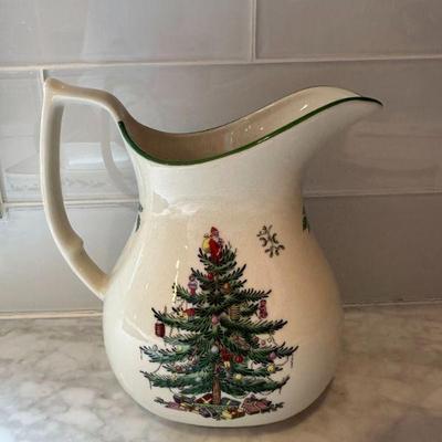 Spode Christmas Pitcher | Spode ceramic "Christmas Tree" patterned pitcher - h. 8 x w. 7 x dia. 5 in (Spout diameter)